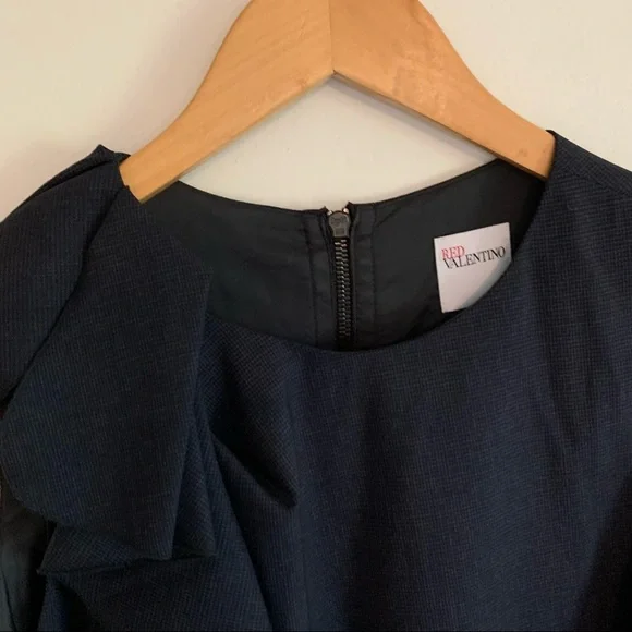 RED Valentino Navy / Black Pattern Ruffle Wool Dress, US 6